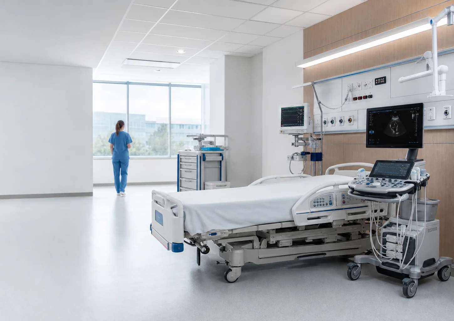 Modern hospital treatment room with coordinated medical equipment