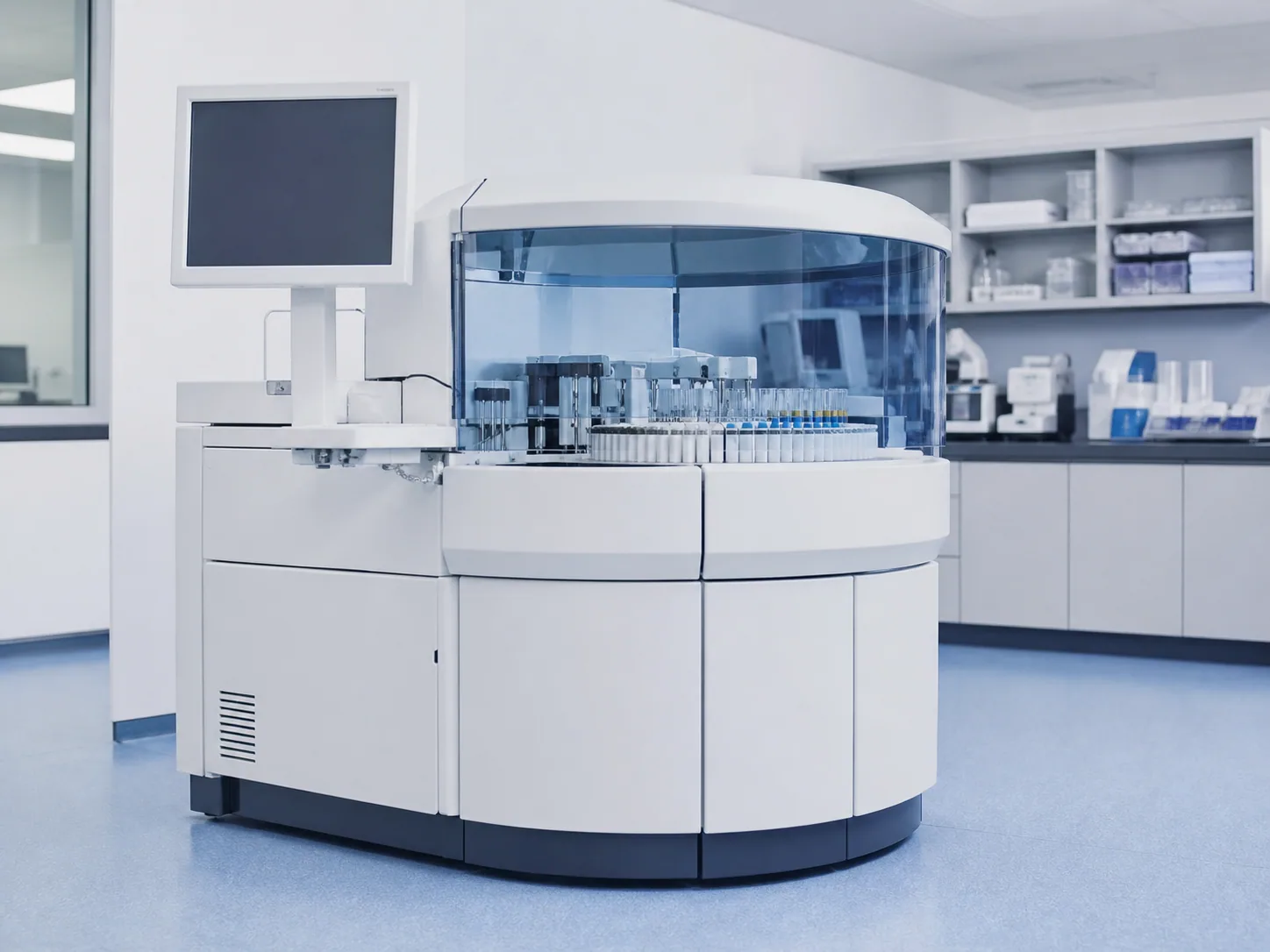 Floor-standing biochemistry analyzer in a modern laboratory