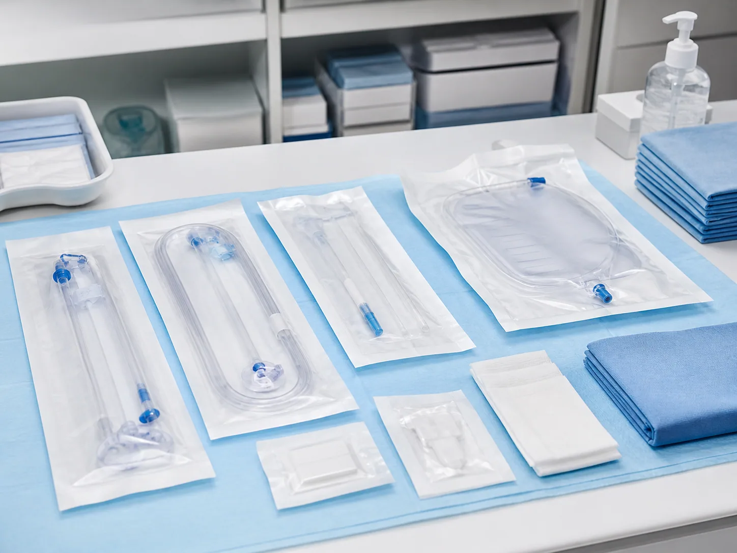Sealed catheter and drainage supplies on a clinical surface