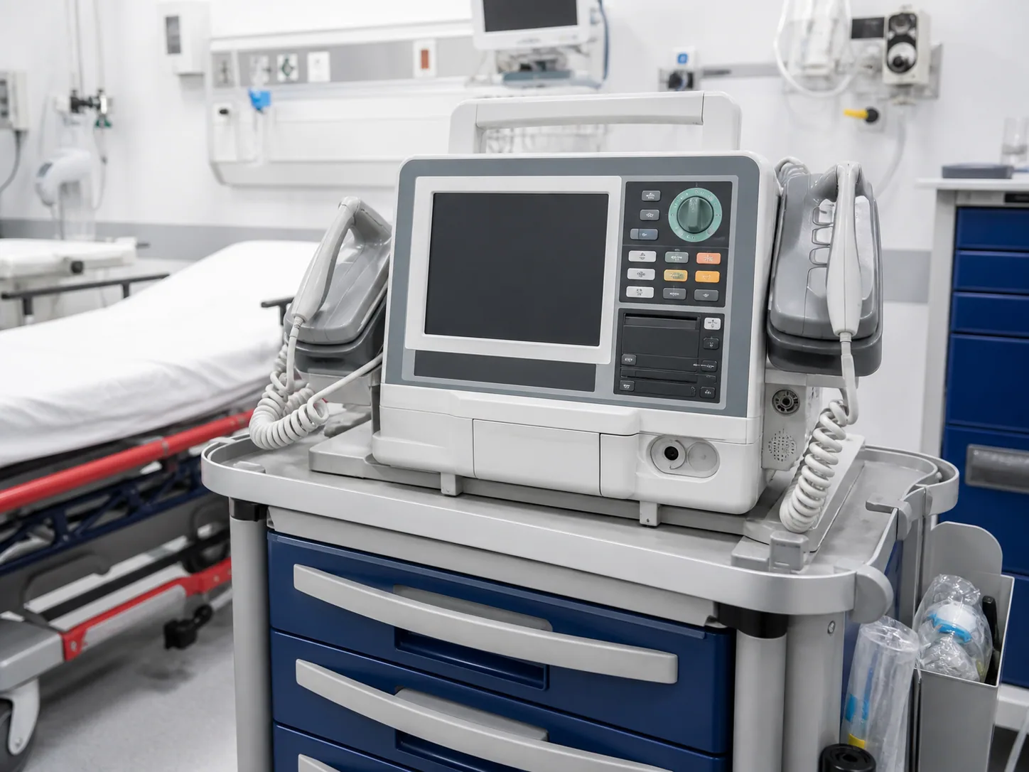 Hospital defibrillator monitor on an emergency cart