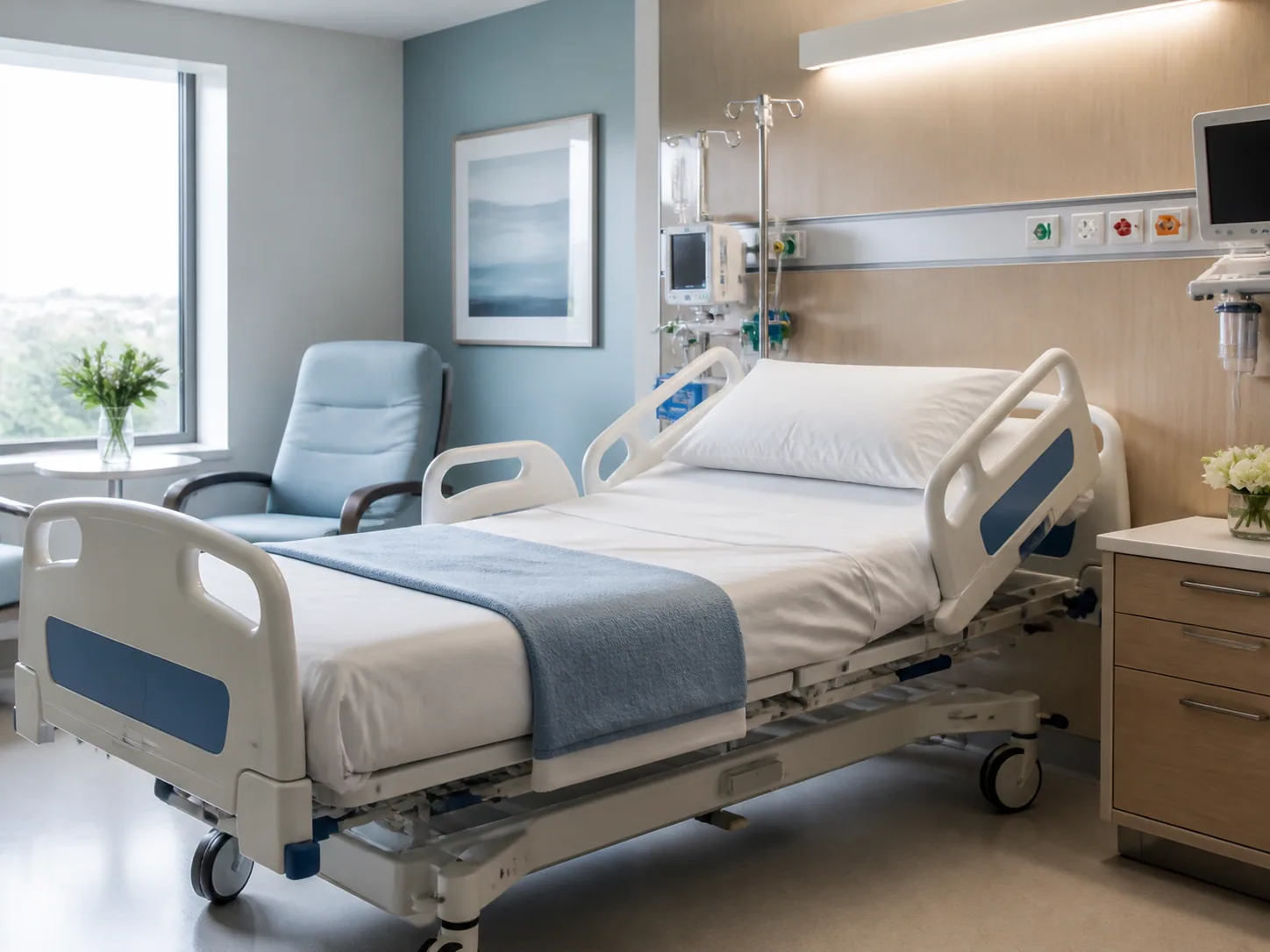 Electric hospital bed in a calm patient room