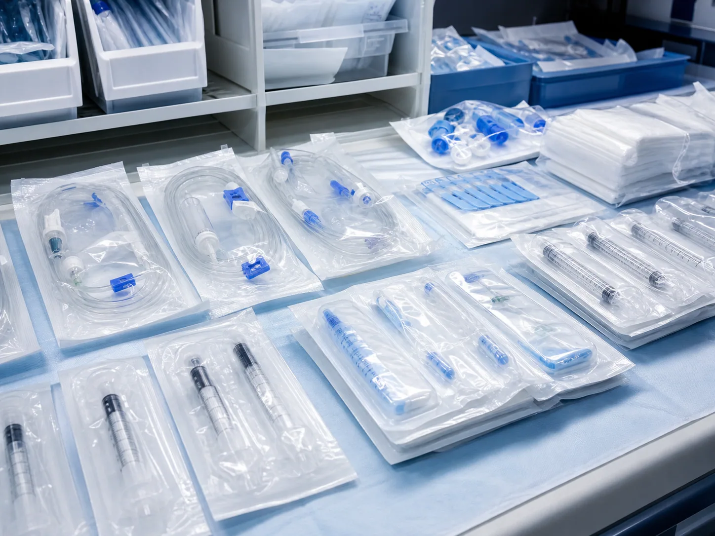 Sealed infusion and injection supplies on a preparation counter