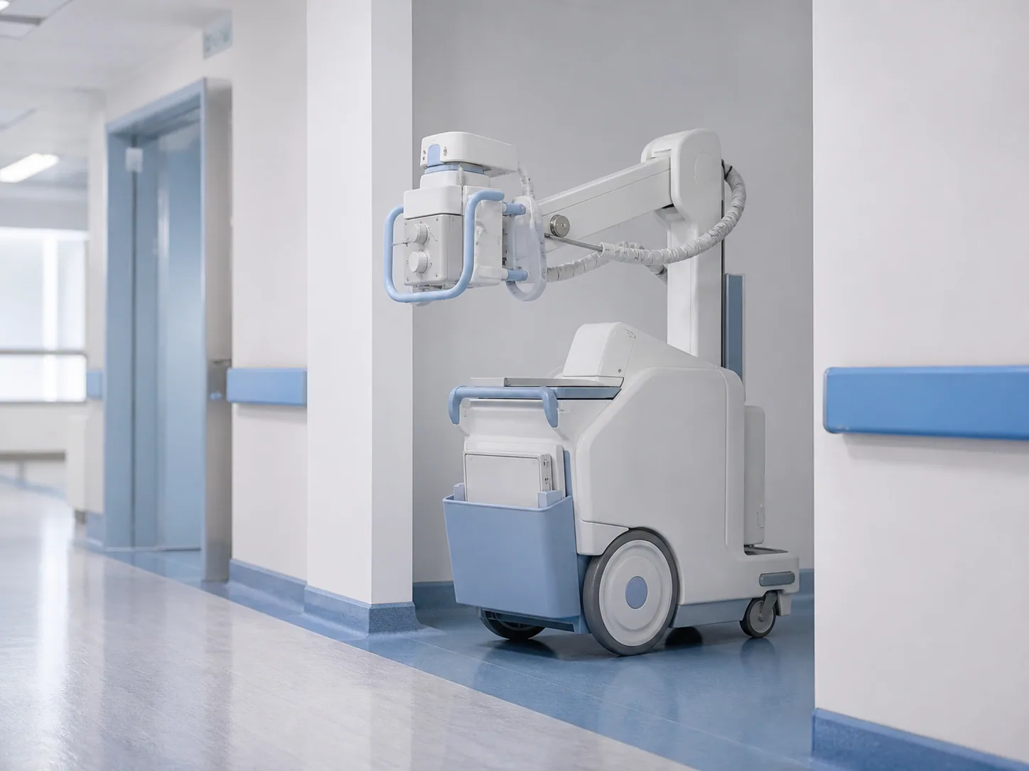 Compact mobile X-ray equipment in a hospital corridor