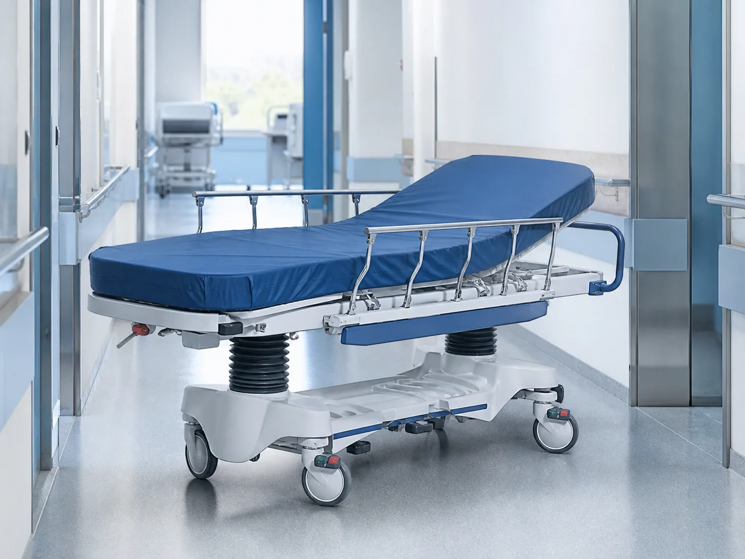 Height-adjustable patient stretcher in a hospital corridor