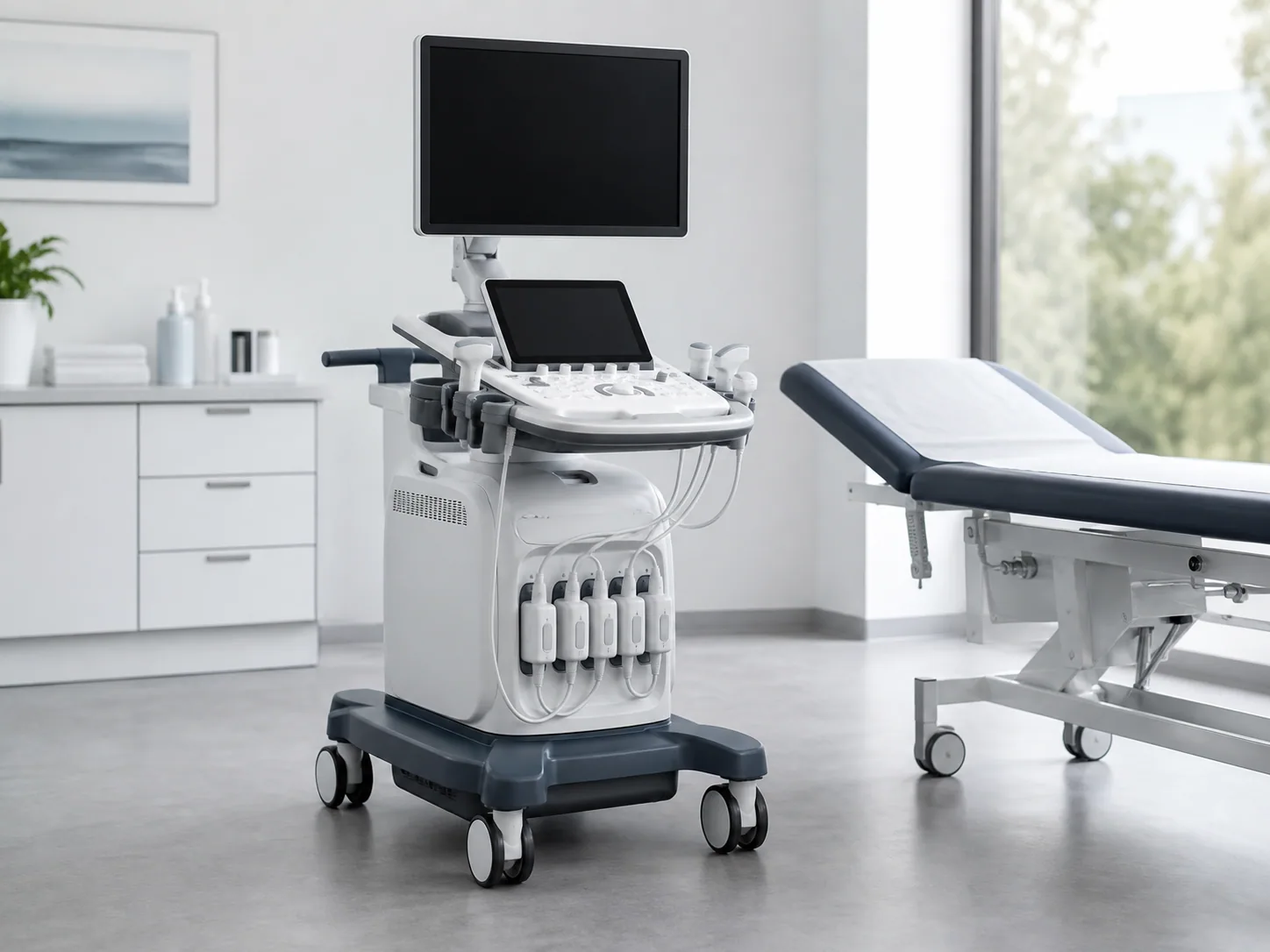 Cart-based ultrasound system in a modern examination room