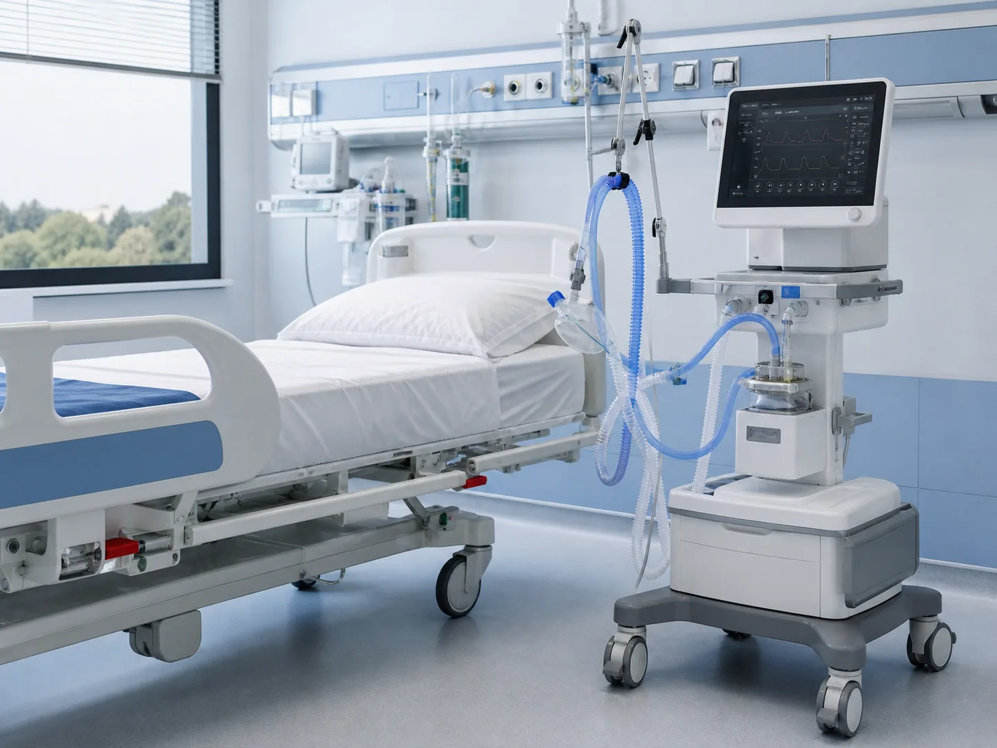 ICU ventilation system beside an unoccupied hospital bed
