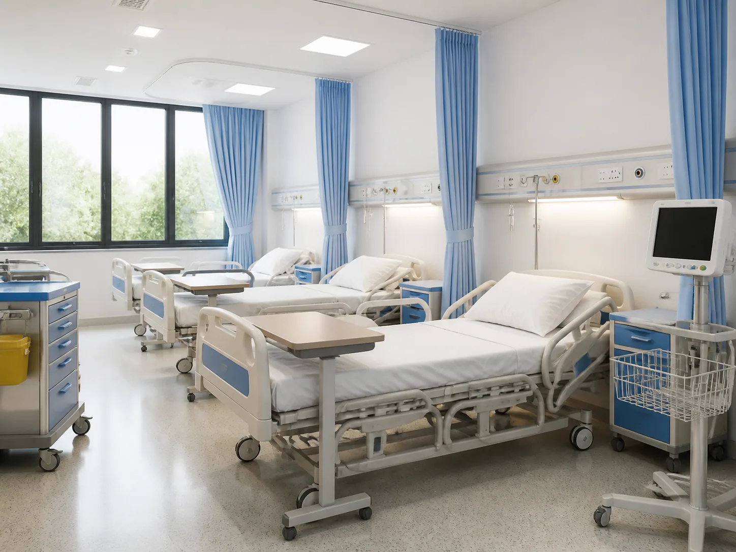 Bright general hospital ward with coordinated patient care equipment
