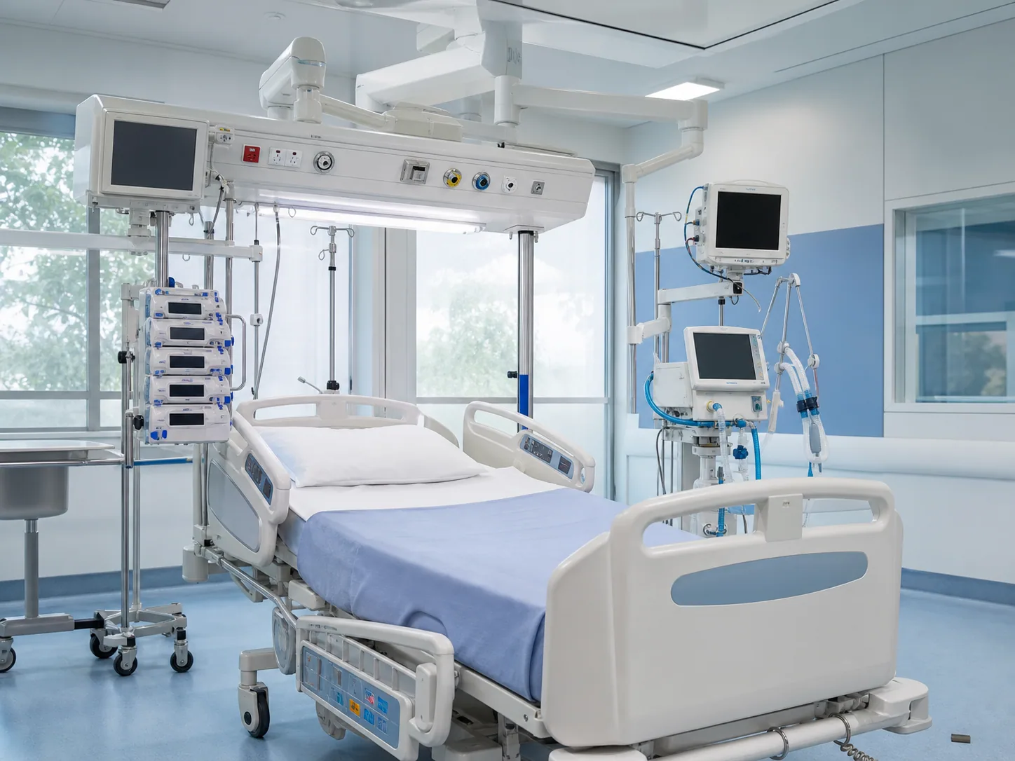 Unoccupied intensive care room with coordinated bedside equipment