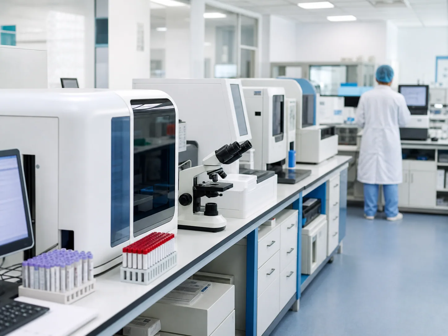 Clinical diagnostic laboratory with coordinated analyzers and workstations