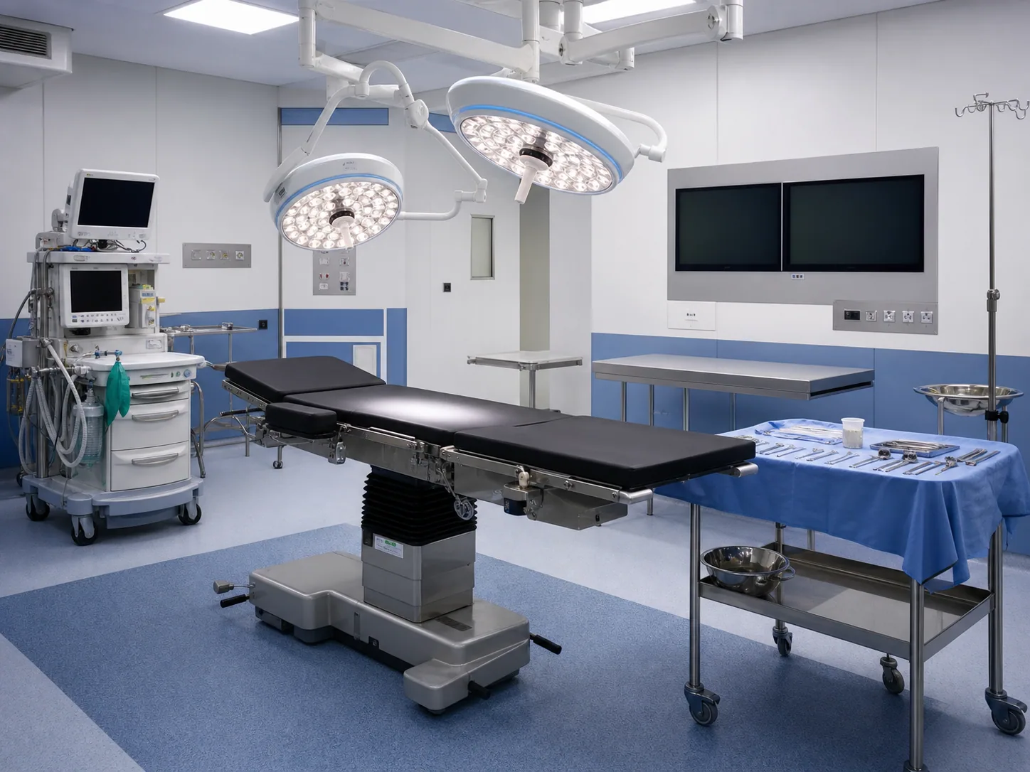 Modern operating theatre with coordinated surgical equipment
