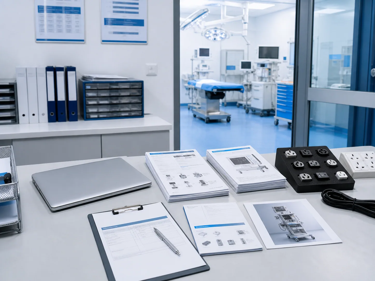 Medical equipment documentation review at a professional workspace