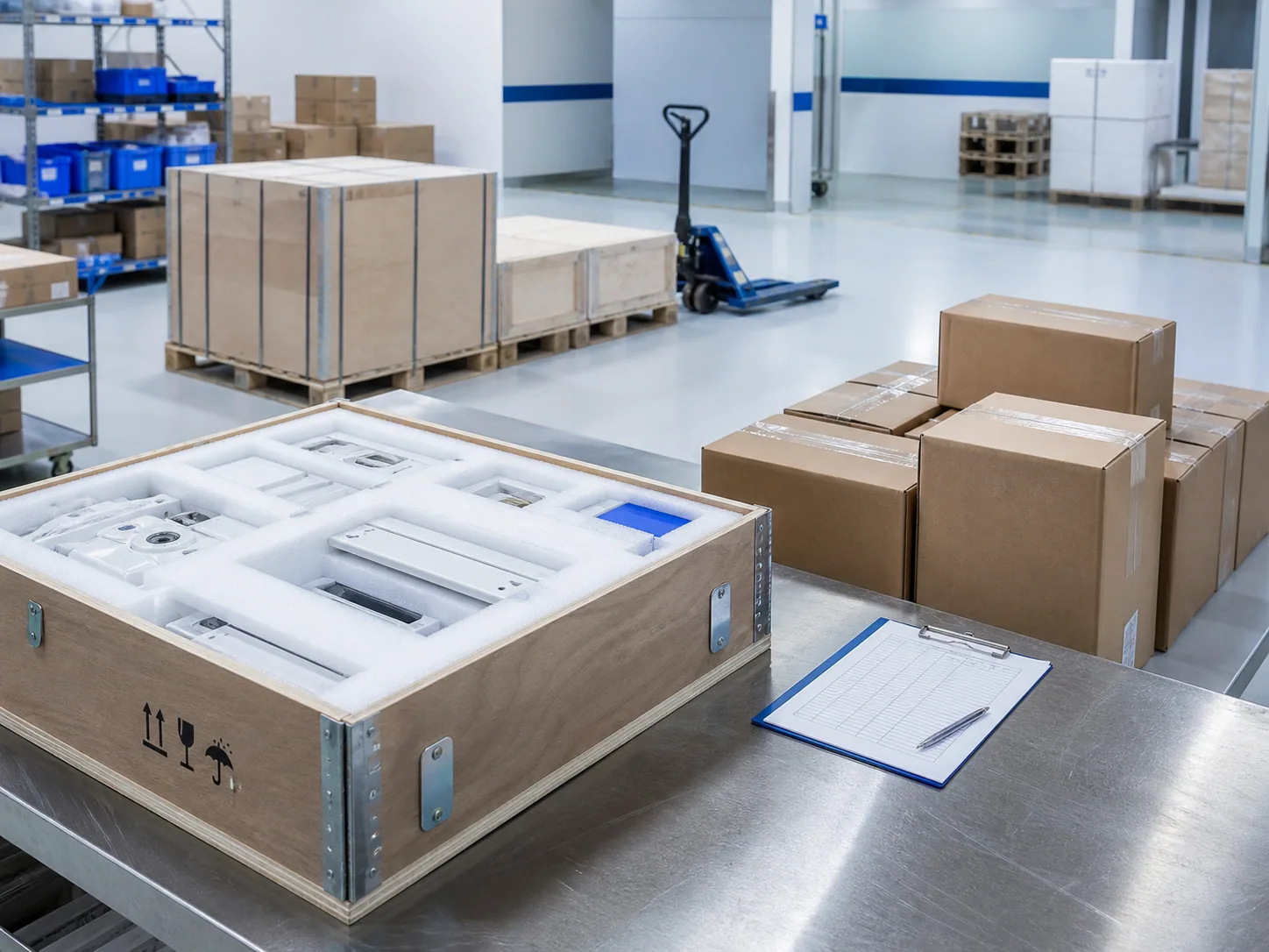 Organized medical equipment export packing and shipment preparation